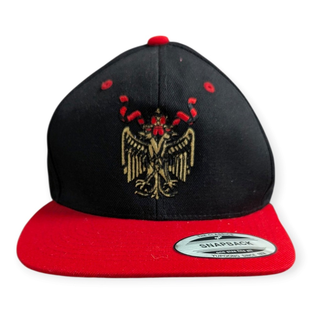 Yupoong Rumple Minze Snapback Hat Black Red Embroidered Eagle Crest Cap